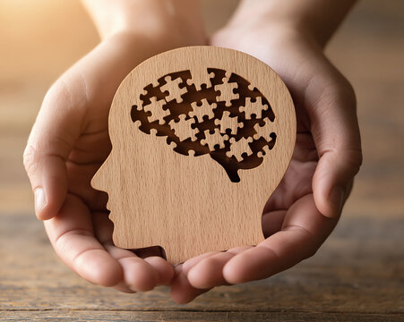 Mental health concept with hands holding a wooden head puzzle representing brain cognition psychology and care