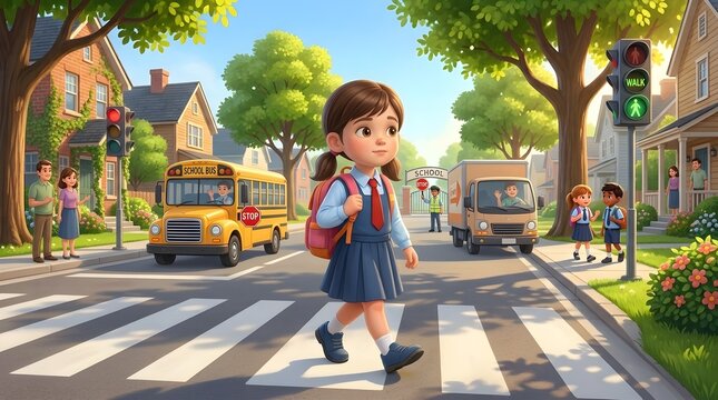 Young schoolgirl with a backpack crossing a neighborhood street near a pedestrian crossing.