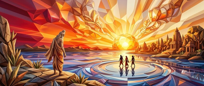 Sage observing figures near water at sunrise with geometric art style