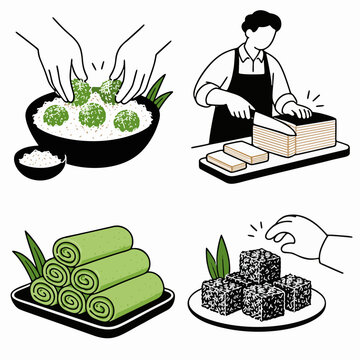 flat illustration of four traditional jajanan pasar snacks made and served &mdash; indonesian sweets culture