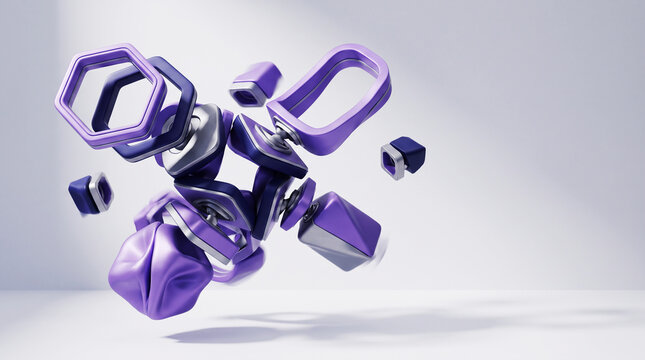 Purple abstract 3d geometric shapes floating in a modern composition