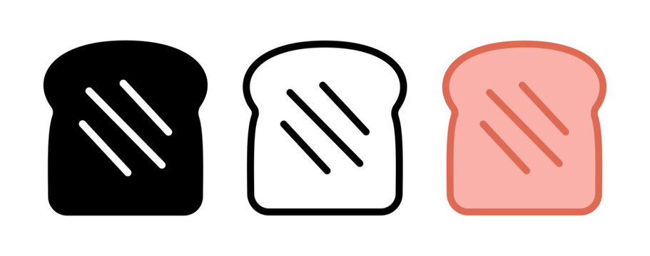 Set of three toast bread slice vector icons in solid outline and flat color styles