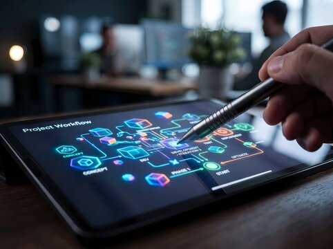 Professional Designer Interacting With Digital Project Workflow Interface Using Precision Stylus Pen on Modern Tablet Display in Collaborative Office Workspace