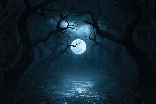 Moon glowing behind dark silhouettes of leafless trees in a mysterious spooky forest with eerie night mist and fog