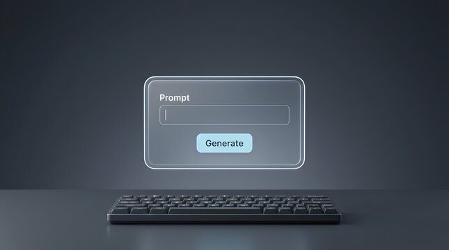 Futuristic holographic prompt interface above modern keyboard symbolizing digital command generation and advanced software interaction