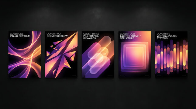 Set of five abstract modern posters with glowing gradient shapes, fluid lines, geometric patterns, and layered structures on black