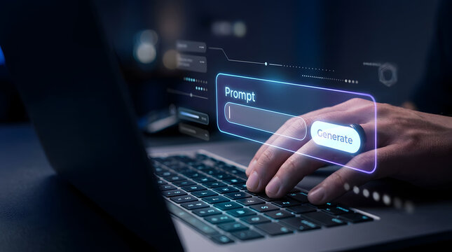 Holographic prompt input interface above modern laptop keyboard visualizing futuristic software development and command generation