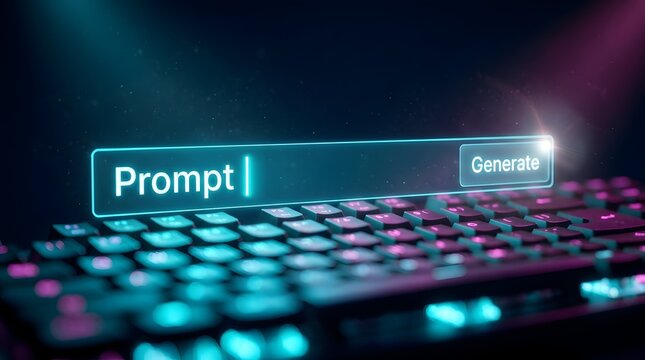 Futuristic prompt generation interface hovering over neon illuminated mechanical keyboard visualizing advanced software coding and cyber technology