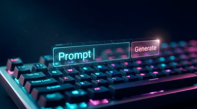 Glowing digital prompt interface floating above rgb mechanical keyboard representing futuristic command input and advanced cyber computing