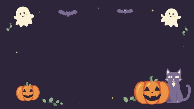 Halloween frame with orange pumpkins, purple cat, cute ghosts and bats, copy space, seamless horizontal 4K loop