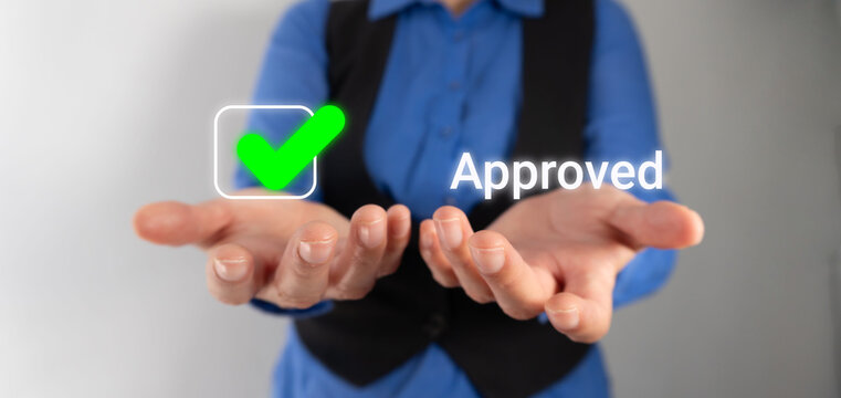 Person showing approval with a floating green checkmark graphic