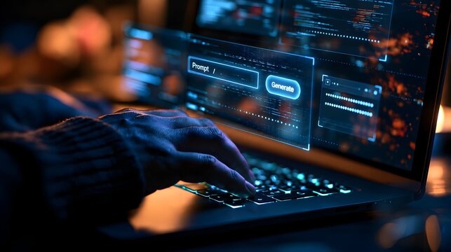 Holographic prompt generation interface in dark tech environment showcasing advanced programming commands and futuristic software engineering