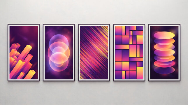 Set of five modern abstract posters with vibrant gradient geometric shapes and lines on a dark purple background