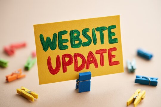 Website update text handwritten on a sticky note held by a blue clothespin with colorful clips around.
