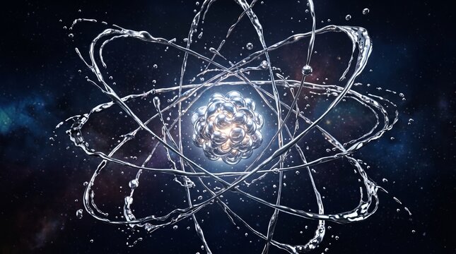 Abstract 3D render of an atom structure made of splashing liquid silver metal in dark space, quantum physics concept