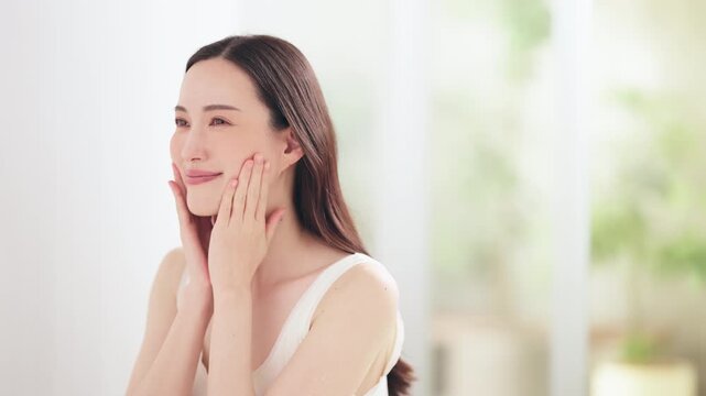 明るい部屋でスキンケアをしている女性