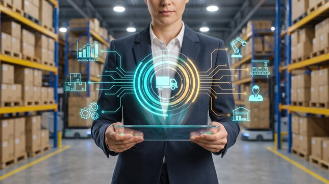 Businesswoman using futuristic digital tablet for smart logistics and supply chain management in modern warehouse.