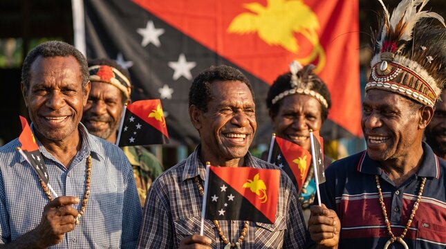Group of smiling Papua New Guinean people holding national flags during a celebration.