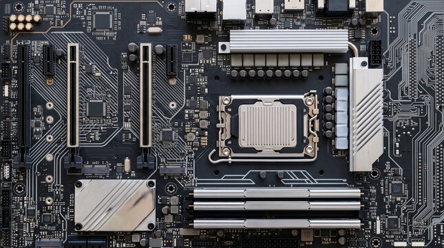 Computer motherboard circuit board for technology and electronics background.