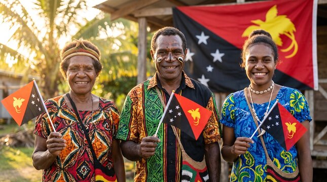 Group of smiling Papua New Guinean people holding national flags outdoors.