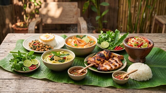 Thai food feast served on banana leaf rustic wooden table outdoor.