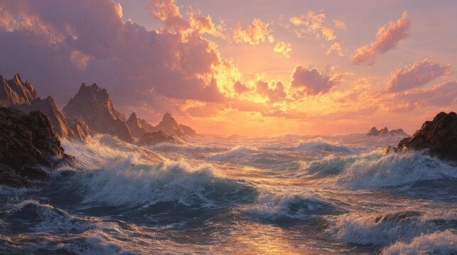 Golden ocean waves glowing at sunset, peaceful tropical seascape with warm evening light, coastal travel destination, serene beach landscape, summer vacation getaway, scenic shoreline and tranquil nat