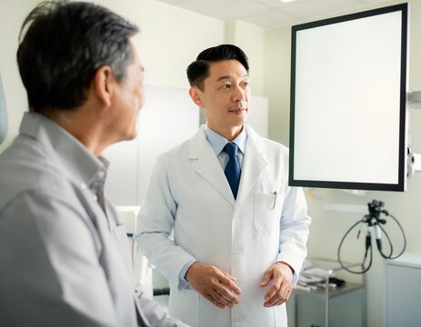 Japanese doctor explaining to a male patient beside a blank monitor in an endoscopy examination room