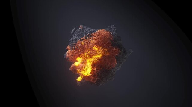 Abstract burning fiery orb glowing with intense bright orange light in dark space fire flame glow energy heat