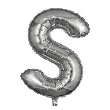 Shiny silver mylar foil balloon in the shape of the letter s for party decorations and celebratory events isolated on a transparent background