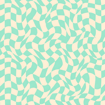 Modern distorted groovy wavy checker seamless pattern pastel mint cream. Psychedelic tileable for Gen Z packaging.