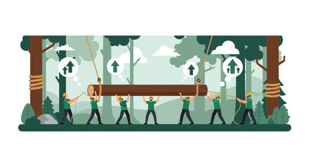 Fototapeta premium Teamwork and Growth Concept: Workers Collaborating to Lift Large Log in Forest Illustration