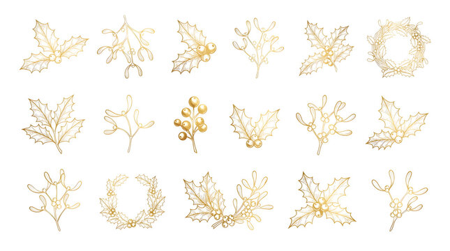 Set of golden christmas holly and mistletoe branches isolated on transparent background