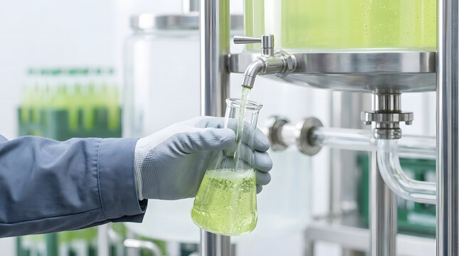 Scientist filling glass flask with green liquid in industrial laboratory