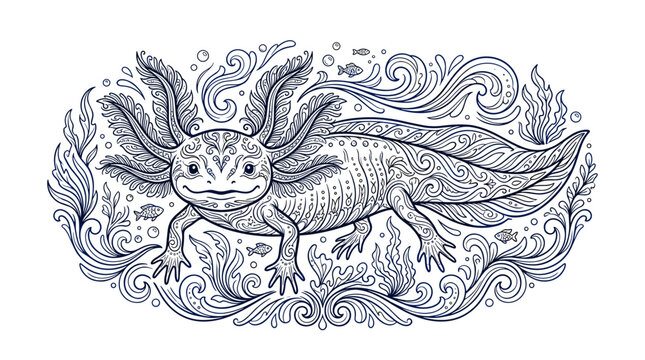 Intricate axolotl vector in vintage engraving style