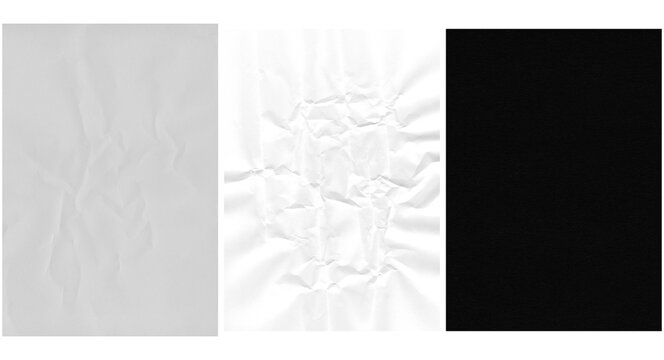 Set of three vertical paper textures featuring crumpled white and solid black surfaces