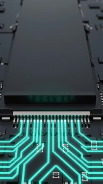Macro view of digital microprocessor chip with glowing blue data signals transmission on a black circuit board surface