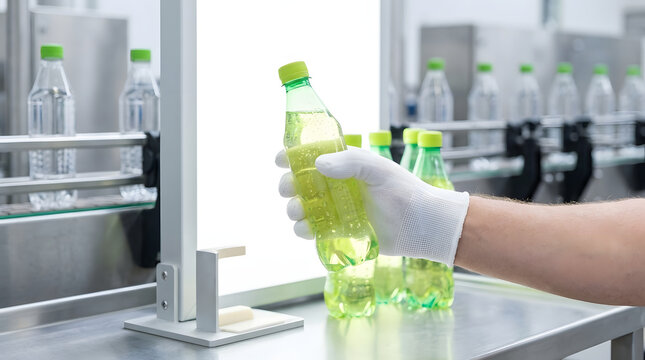 Worker handling plastic bottles of yellow liquid on production line