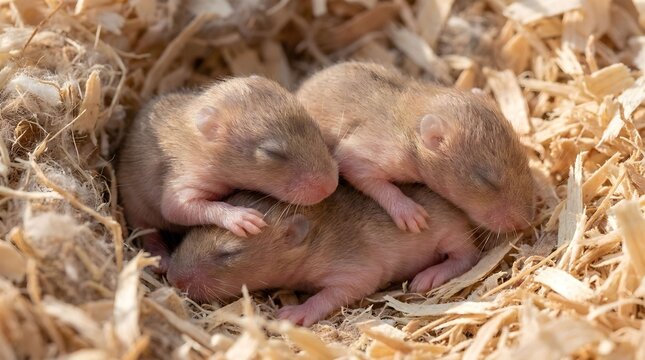 Three baby rodents sleeping in soft wood shavings