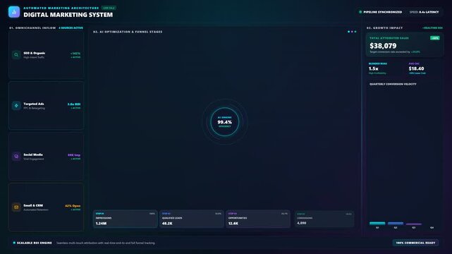 Digital marketing dashboard interface with animated performance metrics and data visualization charts for analytical software presentations and business technology monitoring