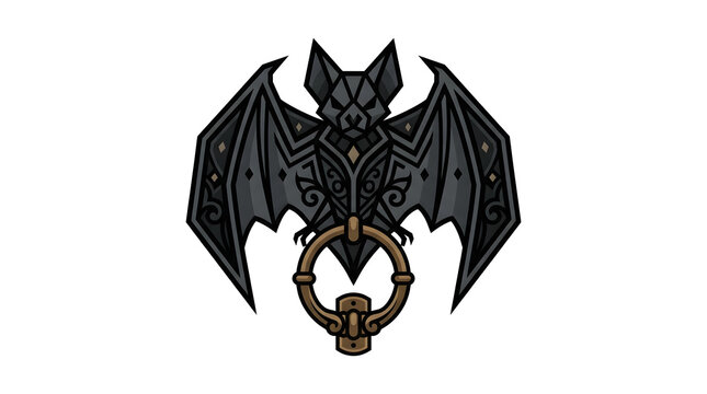 Medieval heraldry bat logo with golden ring, Gothic vector mascot emblem for branding and tattoos, dark fantasy symbol isolated on White Background Happy Halloween