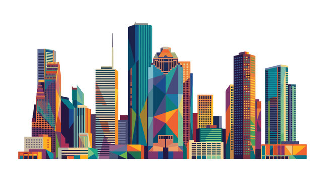 Houston skyline vector with colorful geometric building patterns
