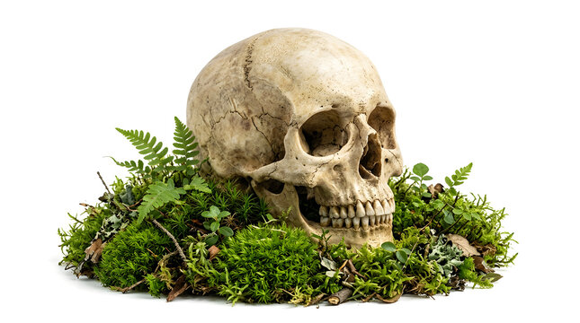 Ancient human skull resting on green forest moss, weathered bone anatomy on natural vegetation, memento mori concept isolated on White Background Happy Halloween