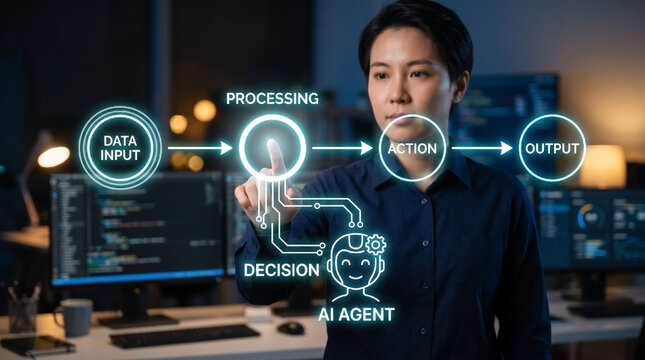 Woman touching futuristic AI agent workflow diagram displaying data input, processing, decision making, action, and output stages.