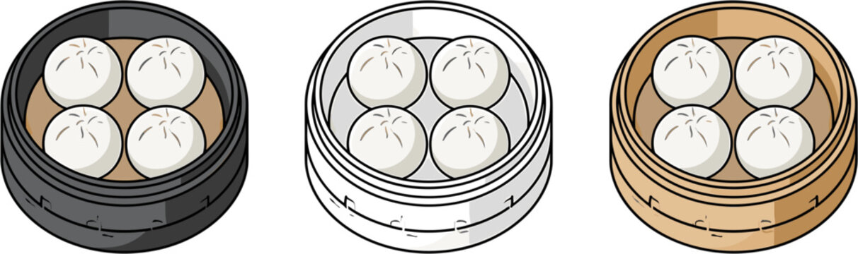 Three round steamer baskets filled with white dim sum, cartoon style flat vector art graphic illustration