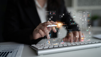 A big data visualization and business analytics dashboard grid. A complex collection of charts and...