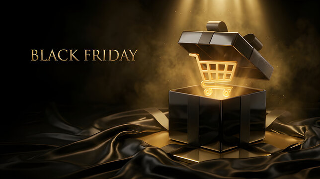 Glowing Golden Shopping Cart Emerging from Open Black Gift Box on Silk Fabric