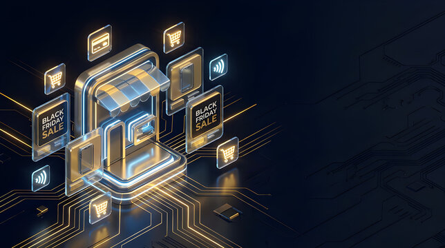3D Digital Storefront Booth with Circuit Board Tech Background for Black Friday Sales