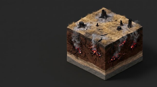 Cross section of a forest fire showing underground root smoldering