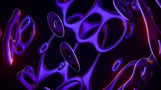 Floating alien metallic organic shapes in deep purple and dark neon lighting abstract futuristic geometry scifi glowing