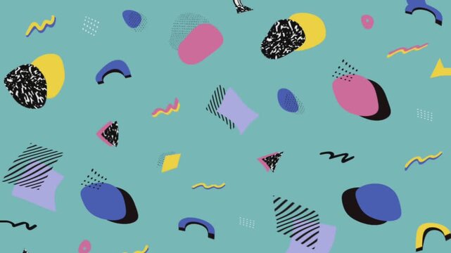 Memphis style seamless pattern with colorful abstract geometric shapes on a teal background